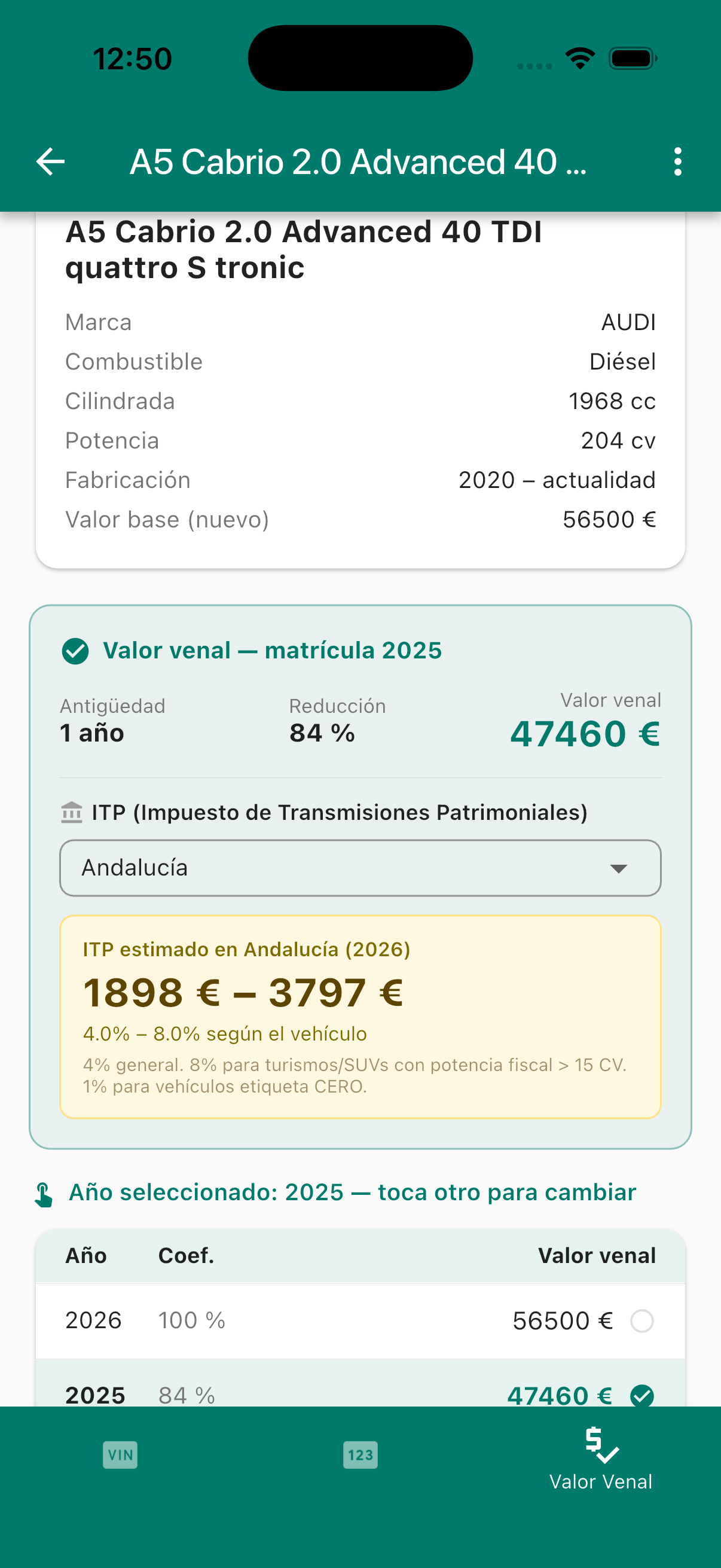 Calculadora de valor venal e ITP en la app Info Coche