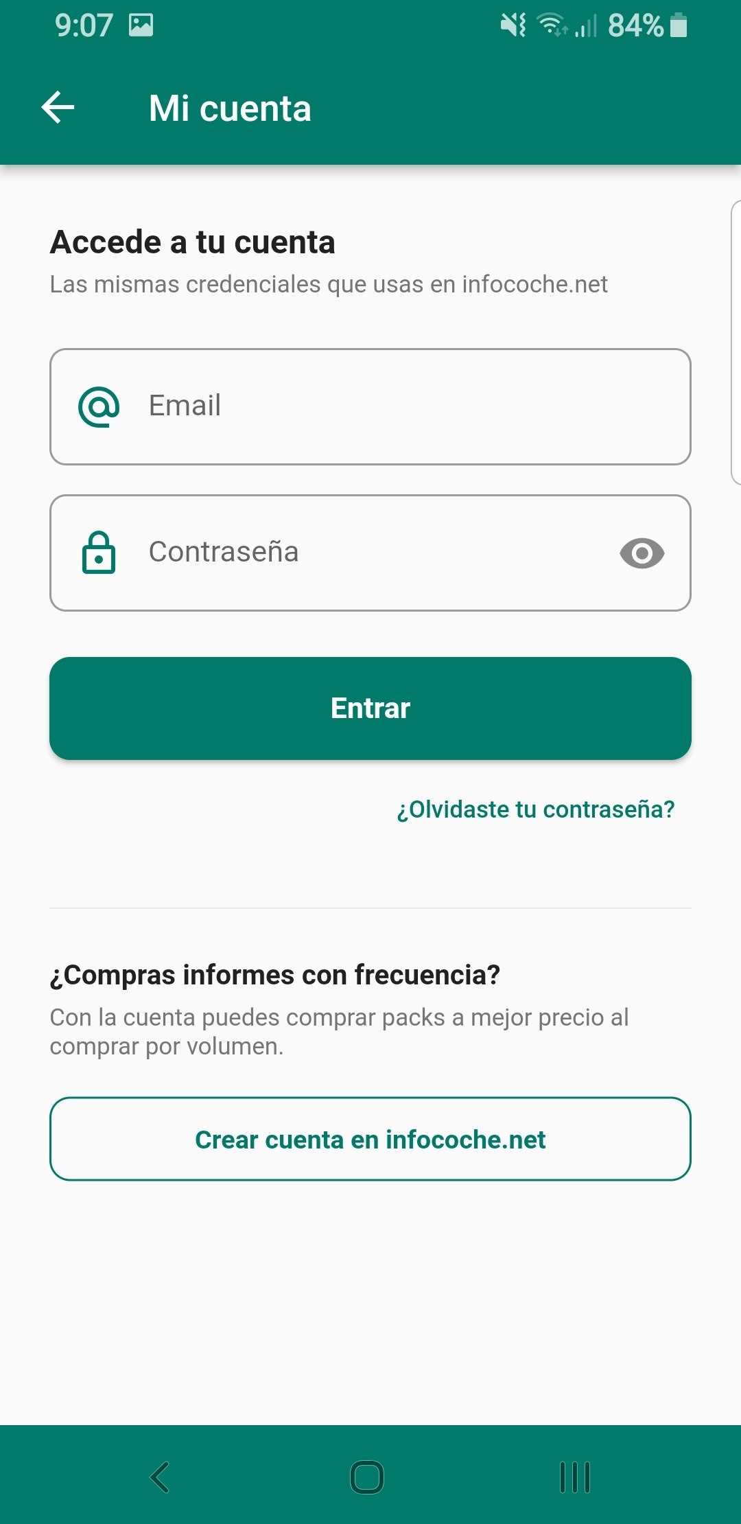 Pantalla de inicio de sesión en la app de Info Coche