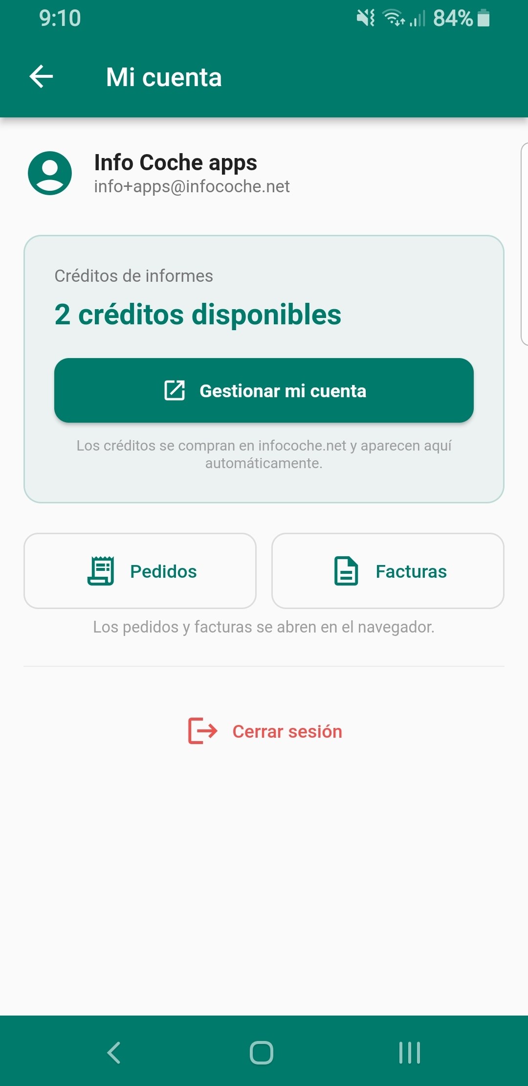 Créditos disponibles y perfil en la app de Info Coche