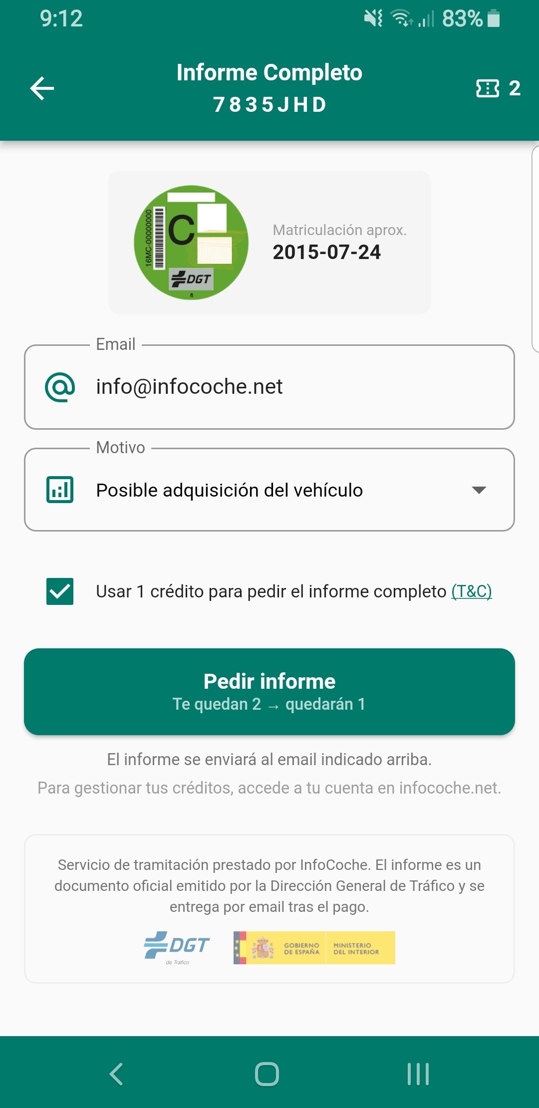 Pedir un informe completo gastando un crédito en la app de Info Coche